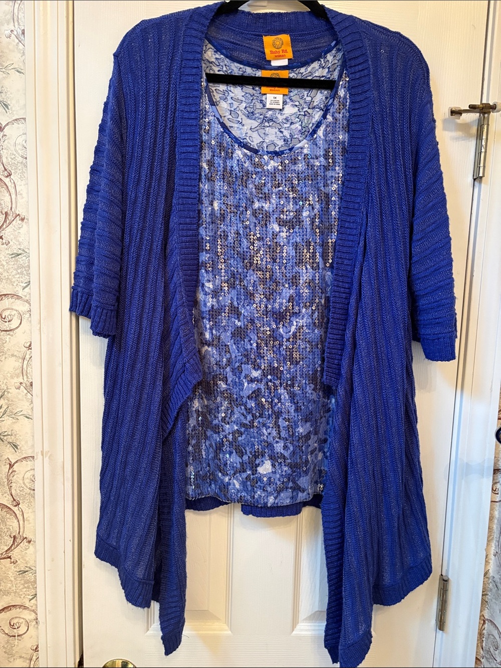 Size 1X Ruby Road Royal Blue Knit Open-Front Cardigan with Sequined Tank